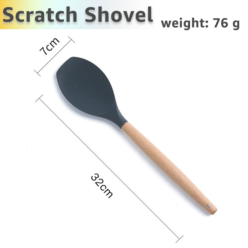 Silicone Cooking Utensils Set Kithcen Non Stick Spatula Shovel Soup Spoon Wooden Handle Heat Resisant 9 Pieces Cooking Tools set