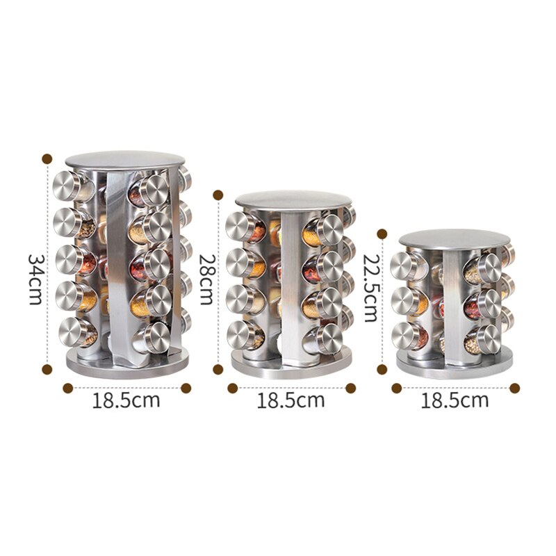 Rotating Column Stainless Steel Glass Seasoning Jar Set Cylindrical Square Portable Transparent Spice Jar Set With Storage Shelf