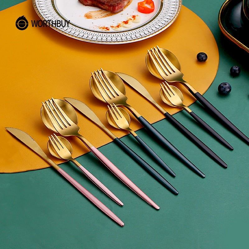 WORTHBUY 24 Pcs/Set Gold Cutlery Set Stainless Steel Tableware Knife Fork Spoon Dinner Set Kitchen Dinnerware Set