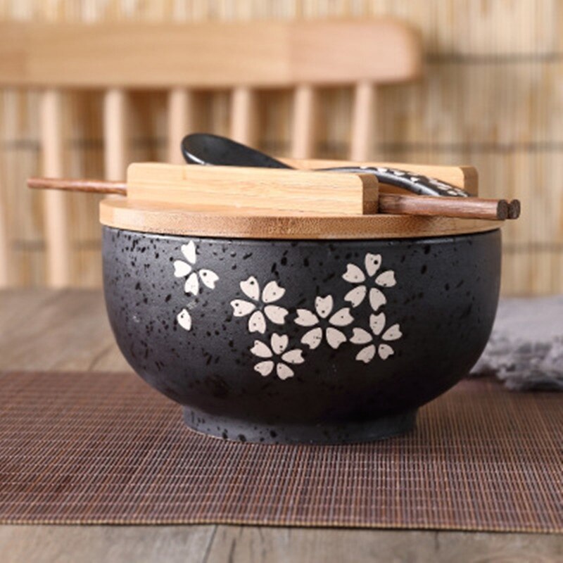 Japanese Bowl Instant Noodles Tableware Dining Room Tableware Salad Ceramic Bowl Bring Wooden Spoon Wooden Chopstick