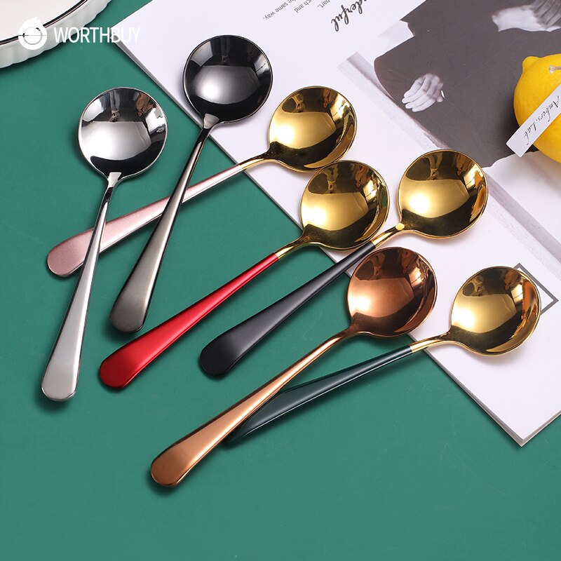 WORTHBUY Colorful Soup Spoon 304 Stainless Steel Dinner Spoon With Long Handle Dessert Spoon For Kitchen Tableware Coffee Scoop