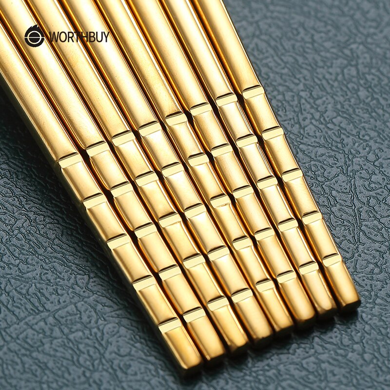 WORTHBUY 5 Pairs Gold Non-Slip Chopsticks 18/8 Stainless Steel Chopsticks For Sushi Hashi Food Sticks Reusable Chopstick Set