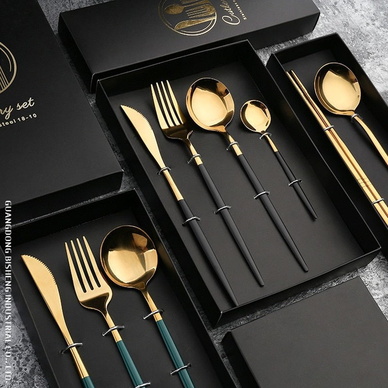 Cutlery gift box, stainless steel bright mirror Portuguese tableware four-piece set