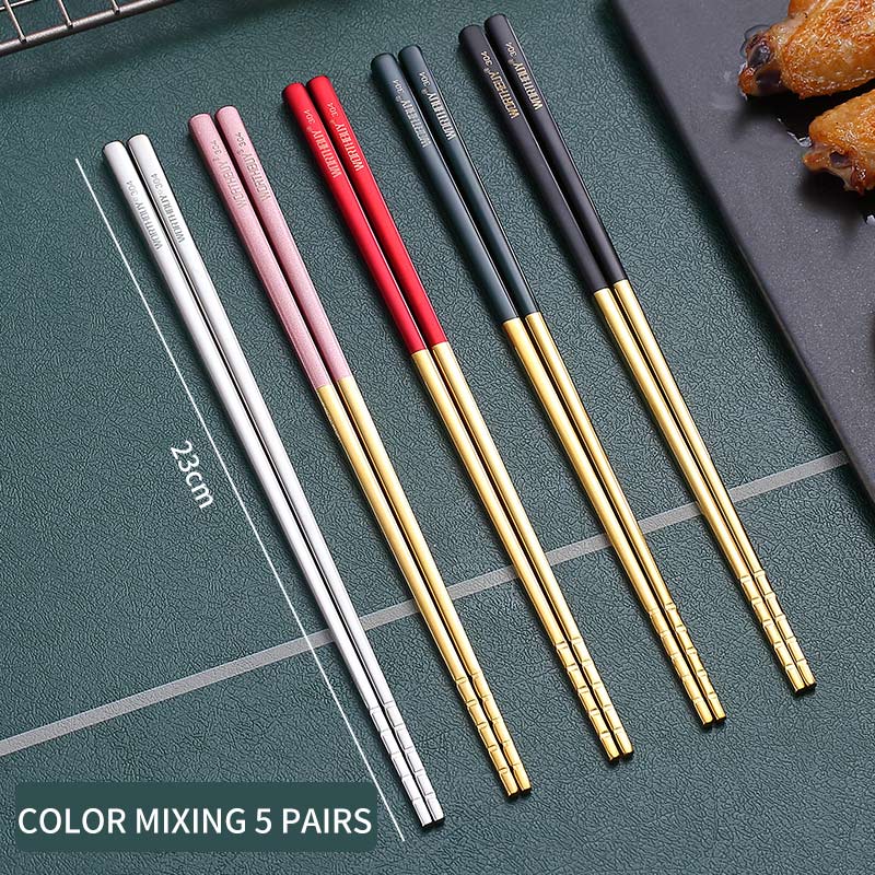 WORTHBUY 5 Pairs Gold Non-Slip Chopsticks 18/8 Stainless Steel Chopsticks For Sushi Hashi Food Sticks Reusable Chopstick Set