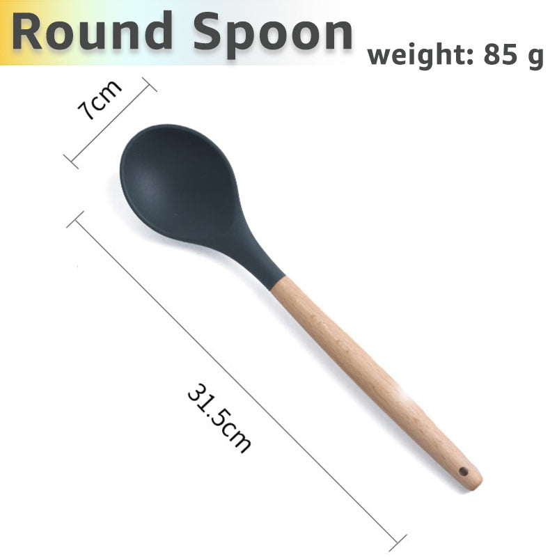 Silicone Cooking Utensils Set Kithcen Non Stick Spatula Shovel Soup Spoon Wooden Handle Heat Resisant 9 Pieces Cooking Tools set