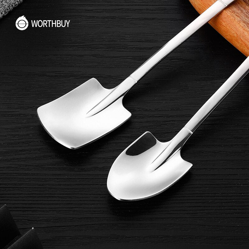 WORTHBUY Cute Shovel Spoon Stainless Steel Dessert Spoon With Long Handle Ice Cream Tea Spoon Coffee Scoops Kitchen Accessories