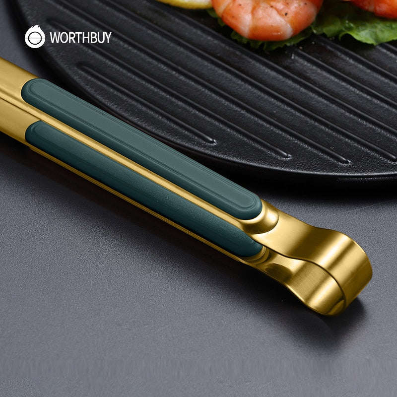 WORTHBUY Gold Stainless Steel Food Tongs Non-Slip Serving Tongs For BBQ Meat Salad Bread Kitchen Accessories Cooking Utensils