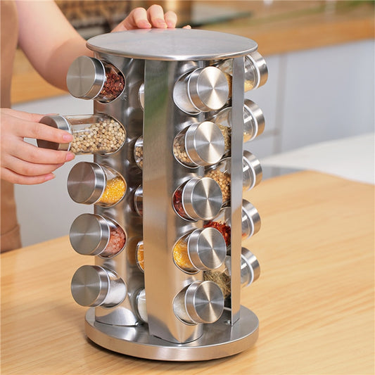 Rotating Column Stainless Steel Glass Seasoning Jar Set Cylindrical Square Portable Transparent Spice Jar Set With Storage Shelf