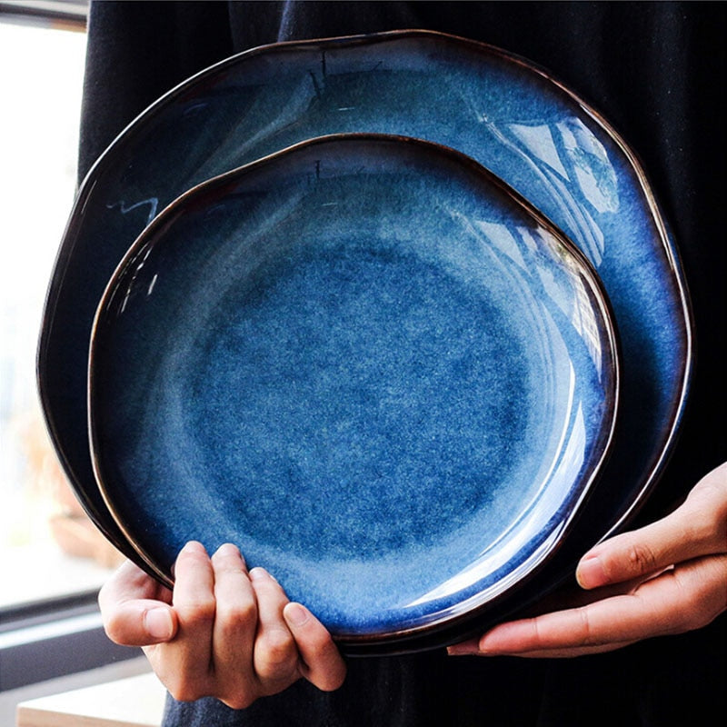 Retro japanese deep blue ceramic plate  food dessert dish  irregular household flat plate dish