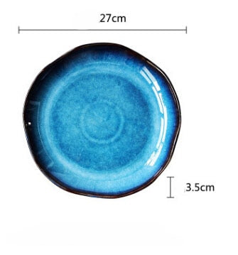 Retro japanese deep blue ceramic plate  food dessert dish  irregular household flat plate dish