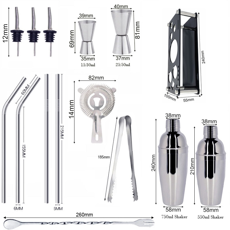 Professional Cocktail Shakers Bartender Kit Stainless Steel Bar Tools 1-15 Pcs/Set Rack Frame Bar Cocktail Recipes