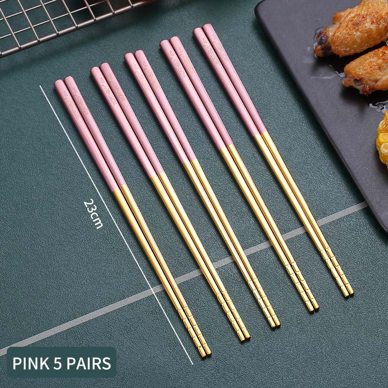 WORTHBUY 5 Pairs Gold Non-Slip Chopsticks 18/8 Stainless Steel Chopsticks For Sushi Hashi Food Sticks Reusable Chopstick Set