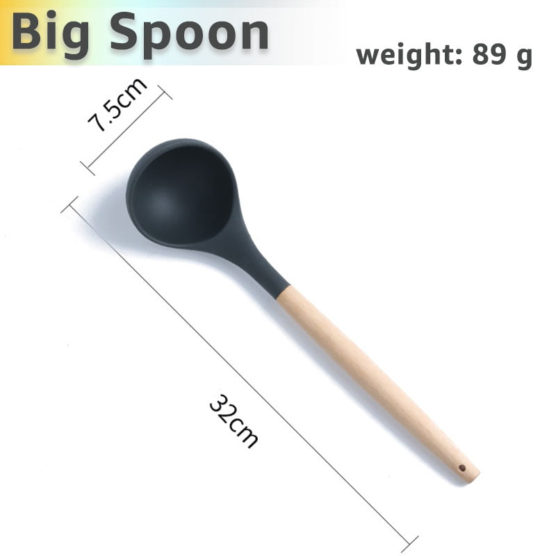 Silicone Cooking Utensils Set Kithcen Non Stick Spatula Shovel Soup Spoon Wooden Handle Heat Resisant 9 Pieces Cooking Tools set