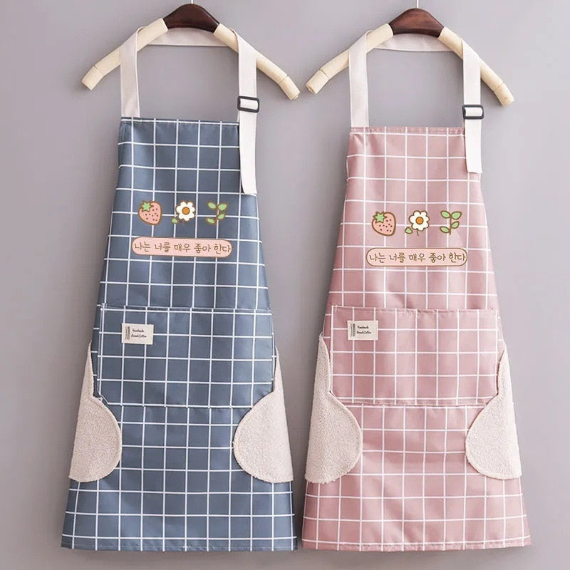 Hand apron kitchen waterproof waist adjustable apron with pocket grid apron coffee shop work apron.