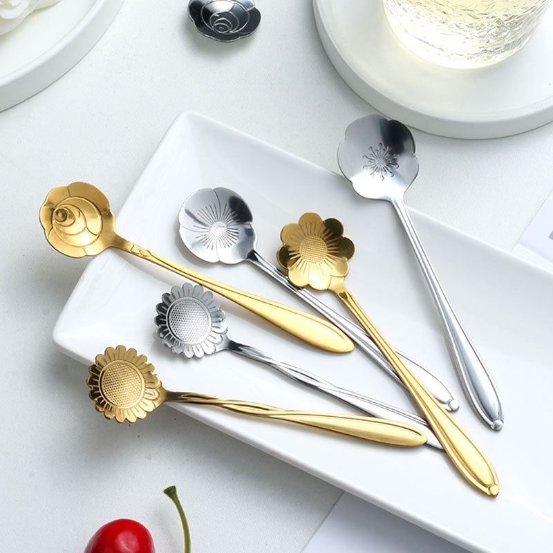 8Pcs Flower Spoon Set Small Teaspoon  Coffee Spoon Cute Ice Cream Dessert Spoon Silver Gold Stainless Steel Spoon For Coffee Tea