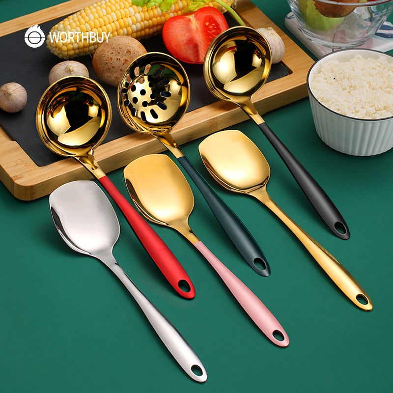 WORTHBUY Gold Kitchen Food Turners Cooking Utensils Stainless Steel Turners With Colorful Long Handle Kitchen Cooking Tools