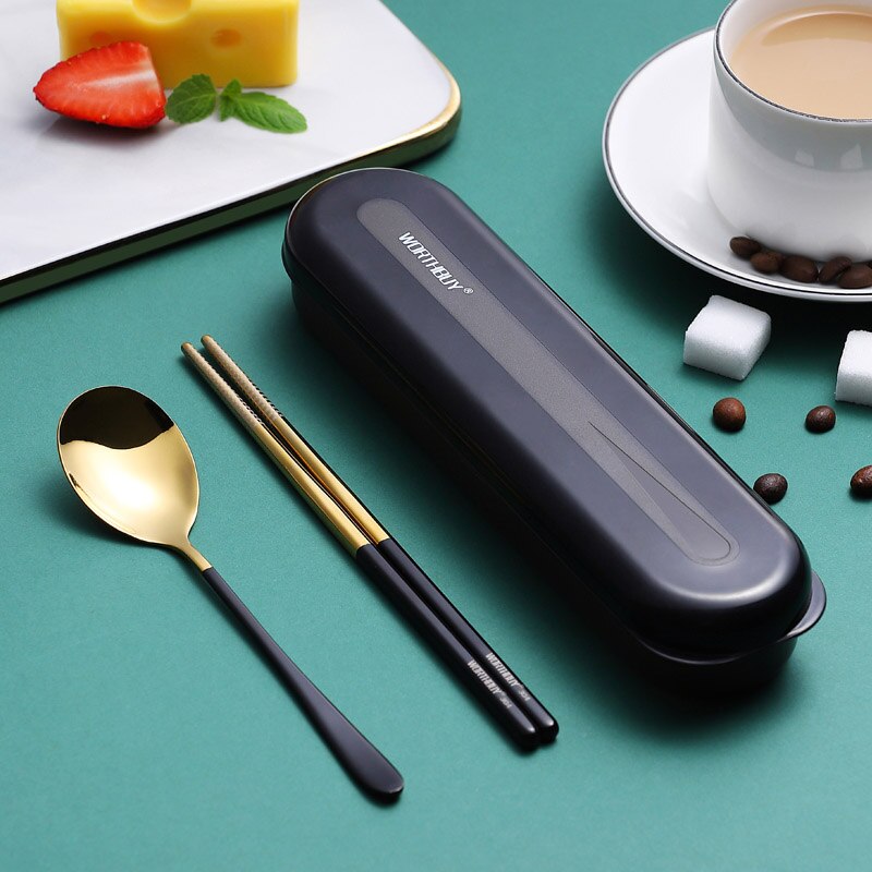 WORTHBUY Portable Travel Tableware Set 18/8 Stainless Steel Dinner Set Spoon Fork Chopsticks With Box Kitchen Dinnerware