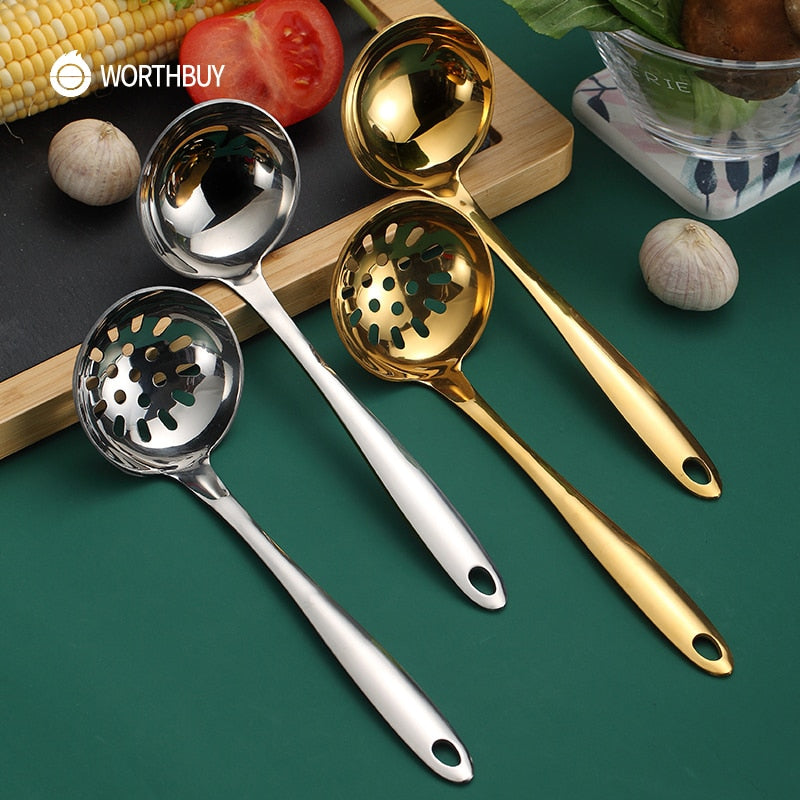 WORTHBUY Gold Soup Ladle Stainless Steel Soup Scoop With Long Handle Colander Serving Spoon Kitchen Accessories Cooking Spoon