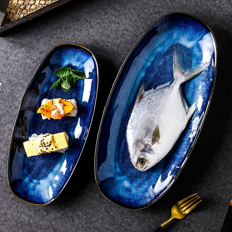 KINGLANG Japanese Kiln Glazed Blue Long Plate Household Steamed Fish Plate Large Dish Color Creative Sushi Plate