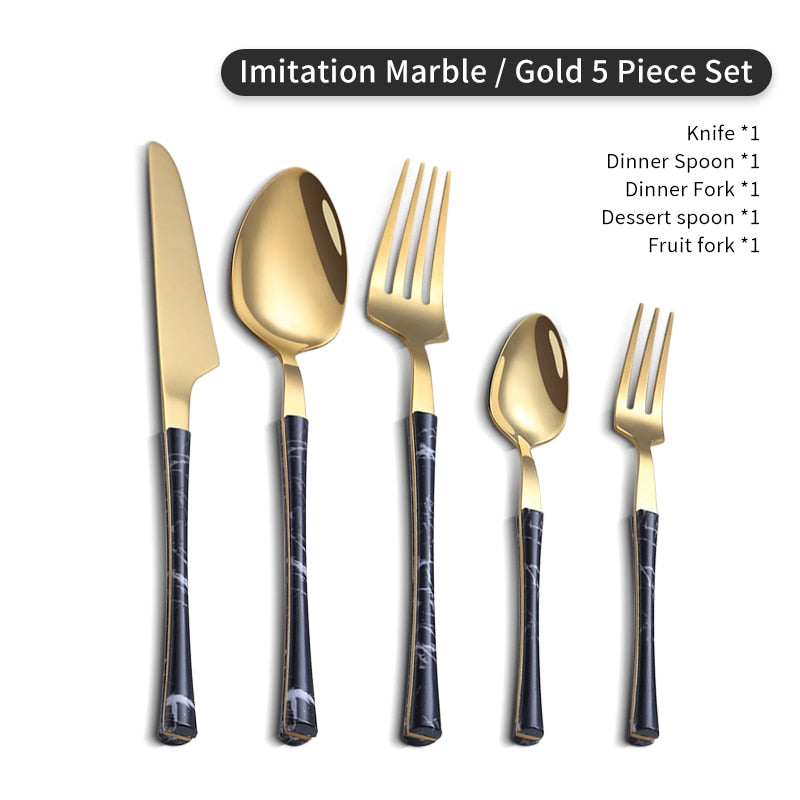 WORTHBUY 5/20/30 Pcs Gold Cutlery Set Stainless Steel Knife Fork Spoon Dinner Set With Wood Grain Handle Kitchen Tableware Set