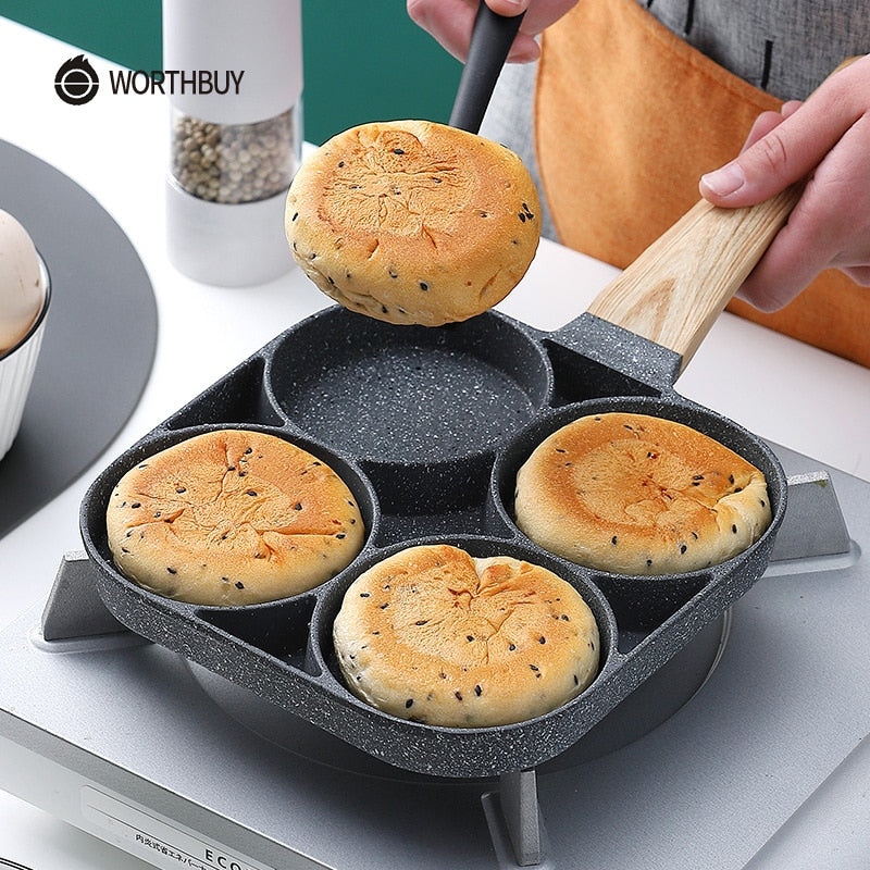 WORTHBUY Multifunctional Frying Pan With Four-Hole Non-Stick Saucepan For Breakfast Maker Omelet Steak Egg Pancake Pan Cookware