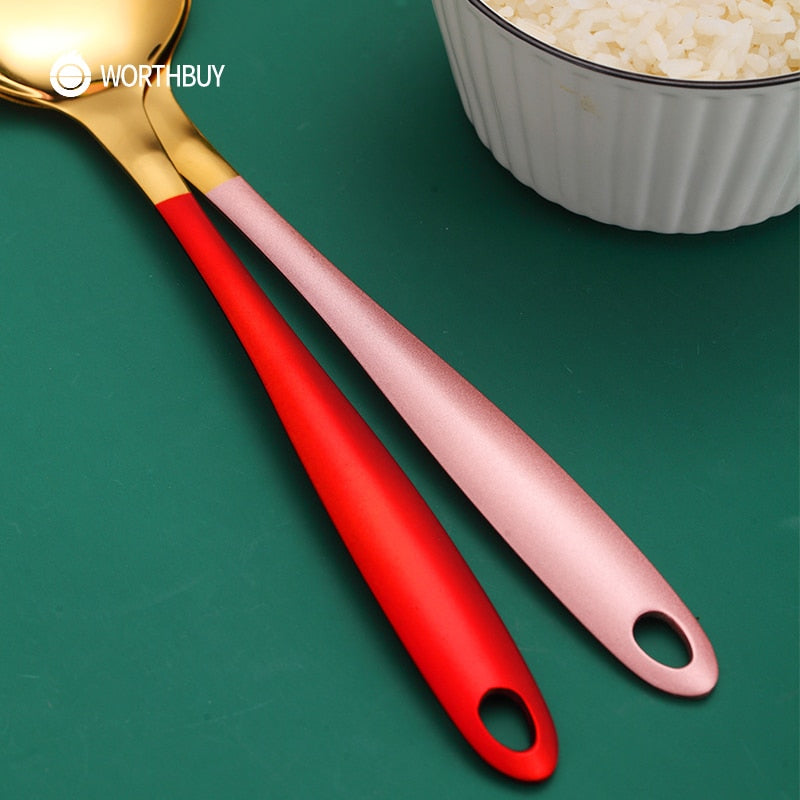 WORTHBUY Gold Kitchen Food Turners Cooking Utensils Stainless Steel Turners With Colorful Long Handle Kitchen Cooking Tools