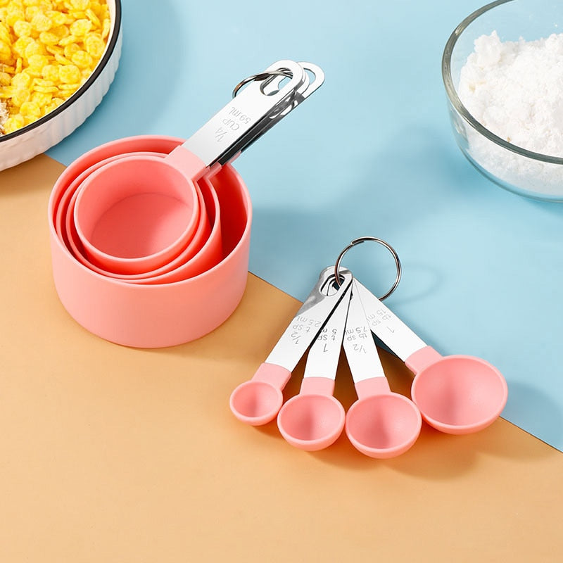 WORTHBUY Stackable Plastic Measuring Spoon And Cup Set With Stainless Handle Measuring Scoops For Baking Kitchen Measuring Tools