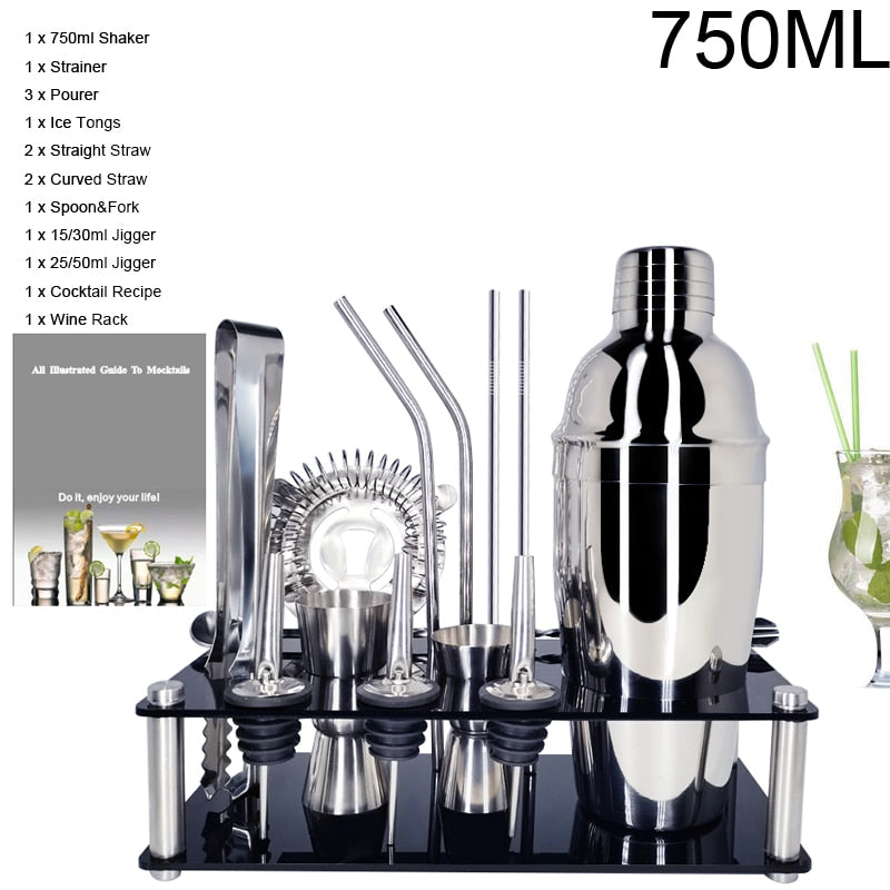 Professional Cocktail Shakers Bartender Kit Stainless Steel Bar Tools 1-15 Pcs/Set Rack Frame Bar Cocktail Recipes