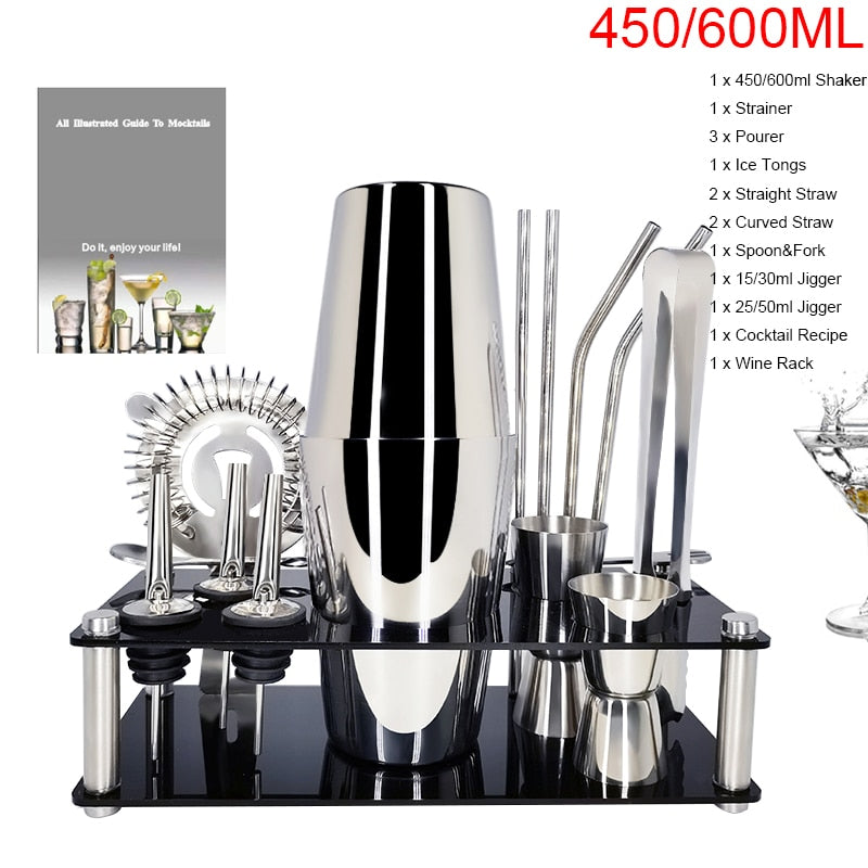 Professional Cocktail Shakers Bartender Kit Stainless Steel Bar Tools 1-15 Pcs/Set Rack Frame Bar Cocktail Recipes