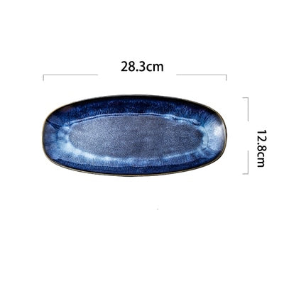 KINGLANG Japanese Kiln Glazed Blue Long Plate Household Steamed Fish Plate Large Dish Color Creative Sushi Plate