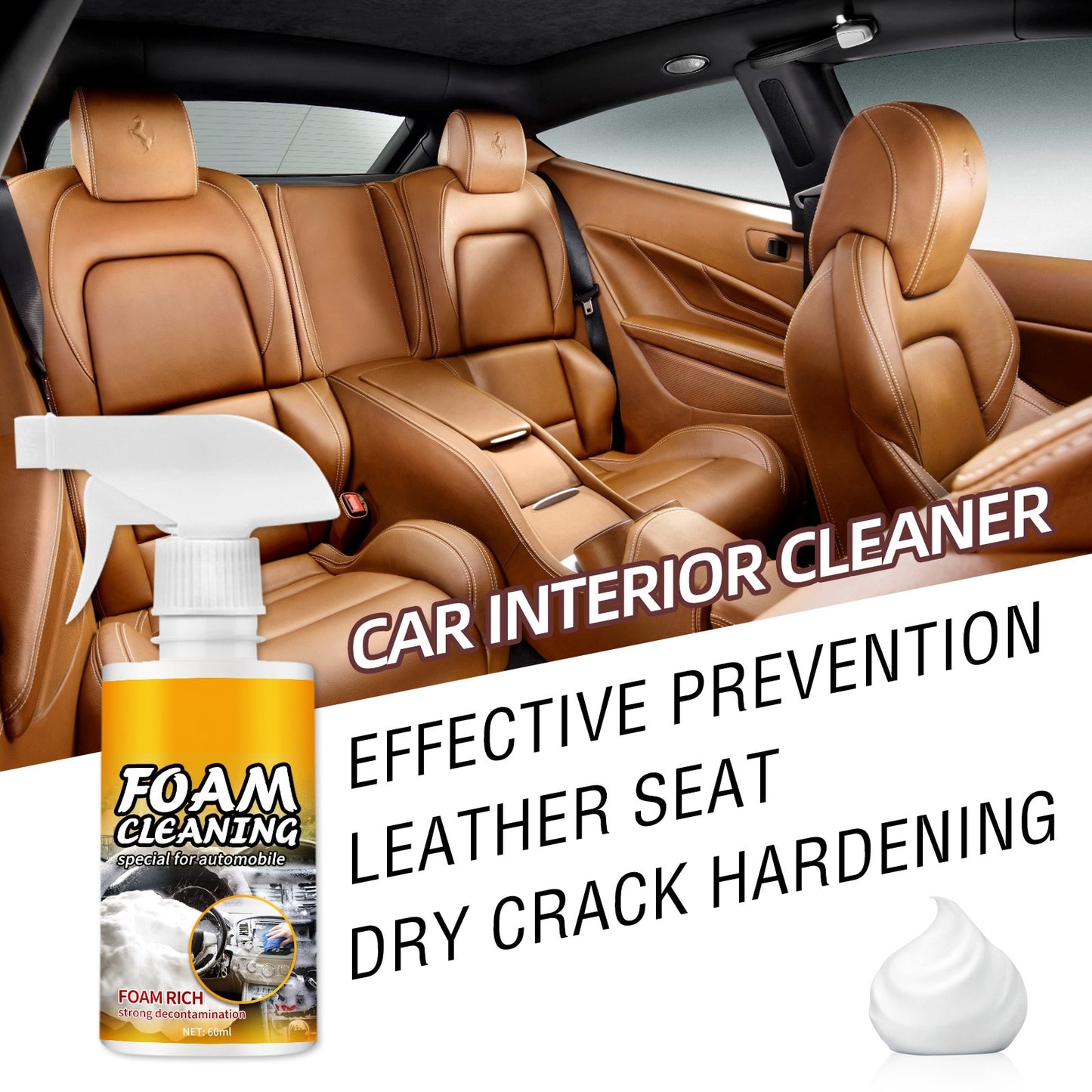 Multipurpose Foam Cleaner for Car Seat Steering Wheel Rinse-Free Car Interior Cleaner Easy to Use PR Sale