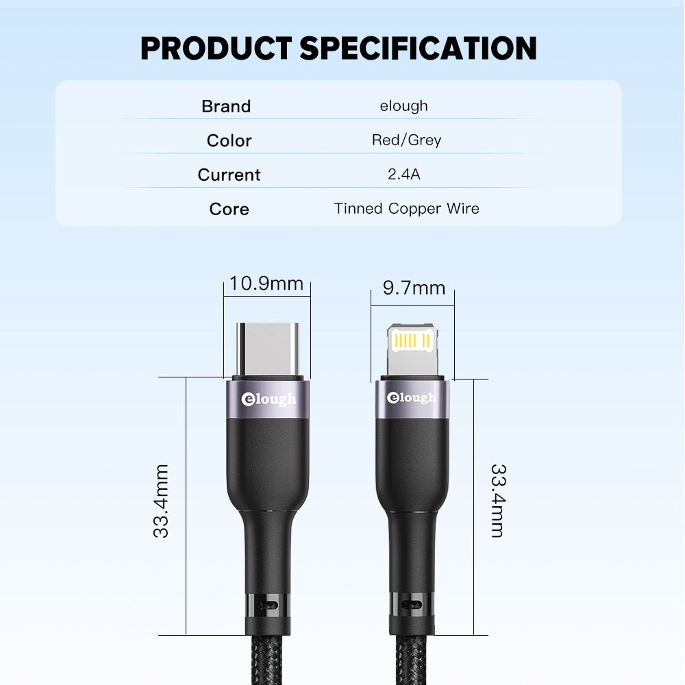 Elough 20W PD USB Type C Cable For iPhone 13 12 11 Pro XS 8 6 Type C To Lighting Date Wire Fast Charging Cable For iPad Macbook