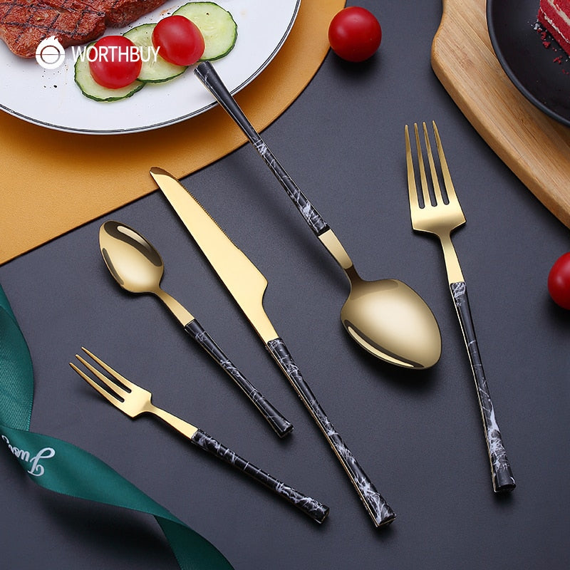 WORTHBUY 5/20/30 Pcs Gold Cutlery Set Stainless Steel Knife Fork Spoon Dinner Set With Wood Grain Handle Kitchen Tableware Set