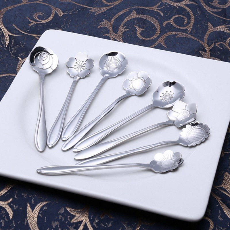 8Pcs Flower Spoon Set Small Teaspoon  Coffee Spoon Cute Ice Cream Dessert Spoon Silver Gold Stainless Steel Spoon For Coffee Tea