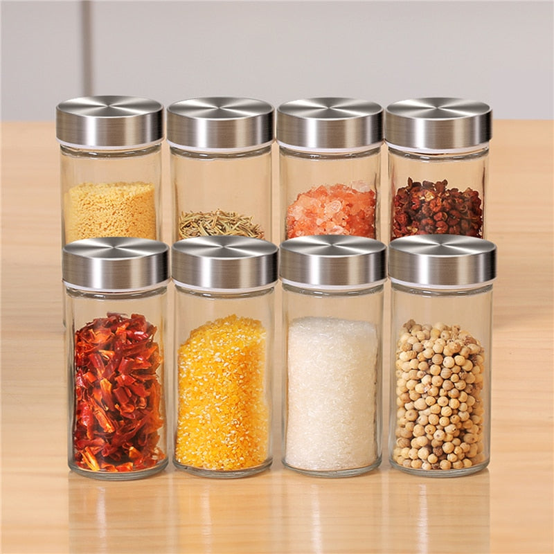 Rotating Column Stainless Steel Glass Seasoning Jar Set Cylindrical Square Portable Transparent Spice Jar Set With Storage Shelf