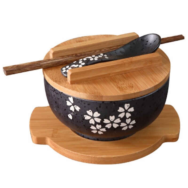 Japanese Bowl Instant Noodles Tableware Dining Room Tableware Salad Ceramic Bowl Bring Wooden Spoon Wooden Chopstick