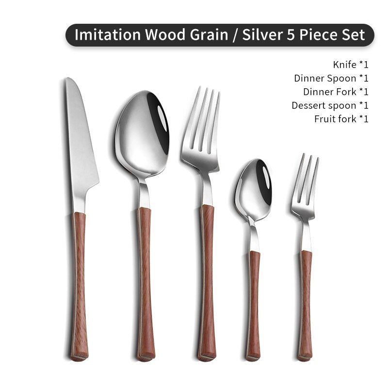 WORTHBUY 5/20/30 Pcs Gold Cutlery Set Stainless Steel Knife Fork Spoon Dinner Set With Wood Grain Handle Kitchen Tableware Set