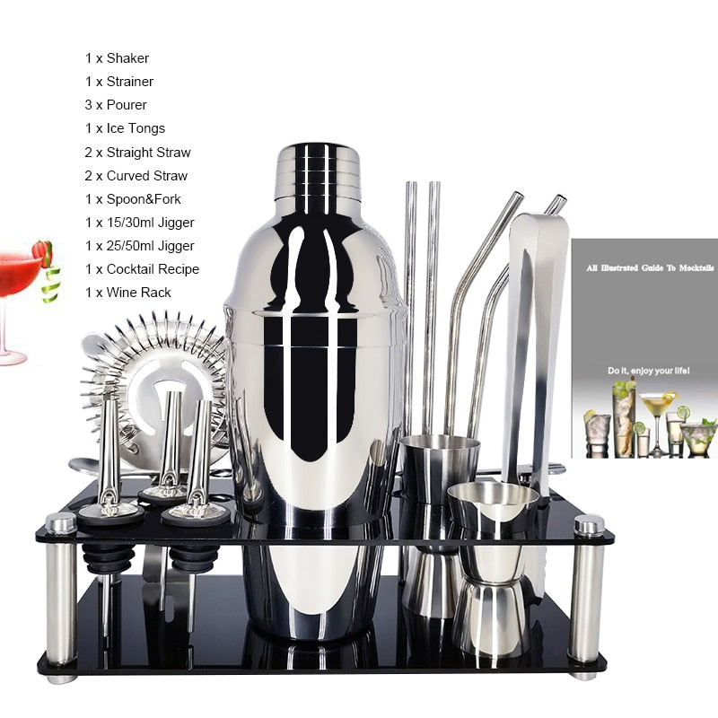 Professional Cocktail Shakers Bartender Kit Stainless Steel Bar Tools 1-15 Pcs/Set Rack Frame Bar Cocktail Recipes