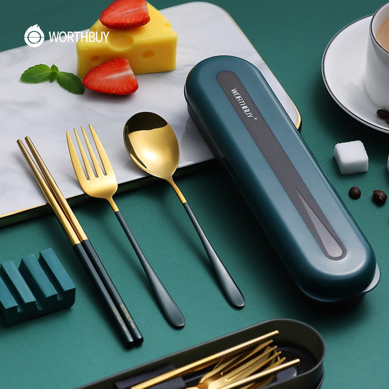 WORTHBUY Portable Travel Tableware Set 18/8 Stainless Steel Dinner Set Spoon Fork Chopsticks With Box Kitchen Dinnerware