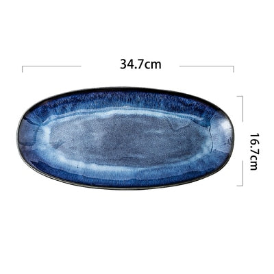 KINGLANG Japanese Kiln Glazed Blue Long Plate Household Steamed Fish Plate Large Dish Color Creative Sushi Plate