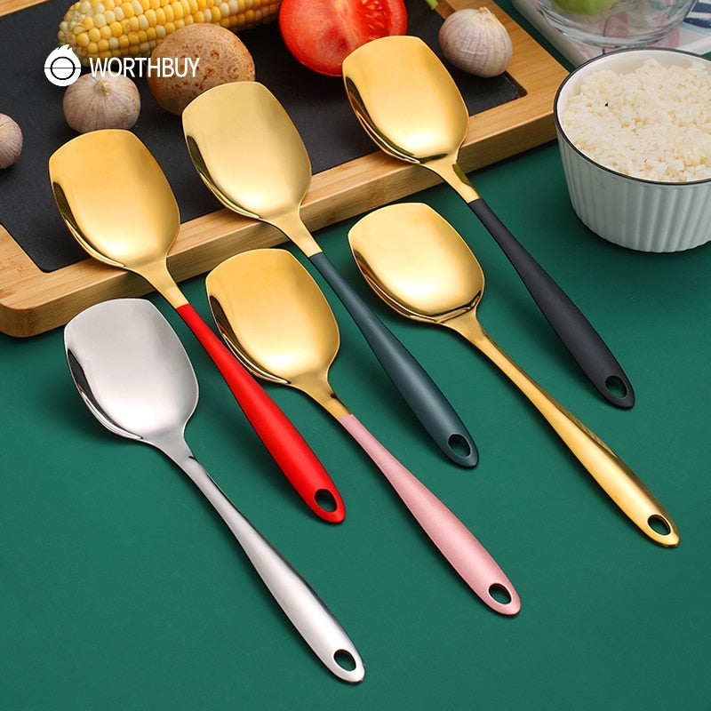 WORTHBUY Gold Kitchen Food Turners Cooking Utensils Stainless Steel Turners With Colorful Long Handle Kitchen Cooking Tools