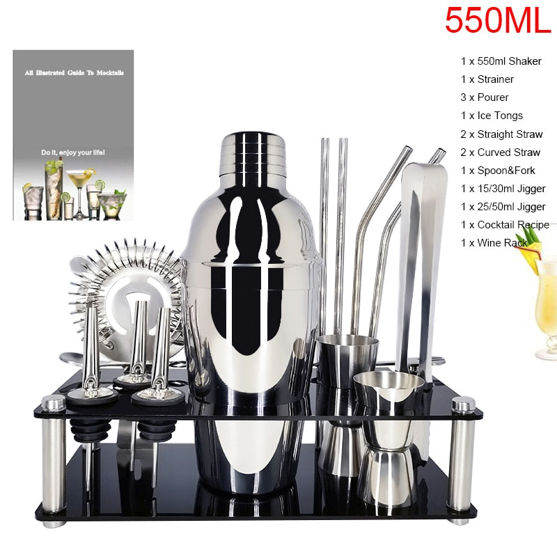 Professional Cocktail Shakers Bartender Kit Stainless Steel Bar Tools 1-15 Pcs/Set Rack Frame Bar Cocktail Recipes