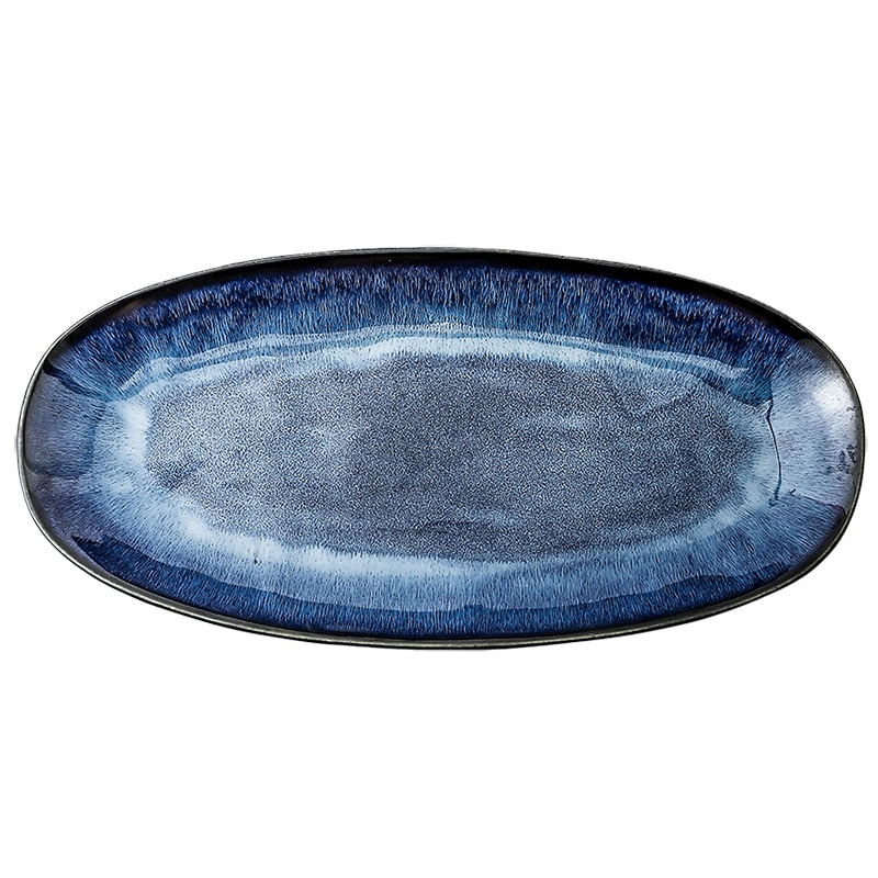 KINGLANG Japanese Kiln Glazed Blue Long Plate Household Steamed Fish Plate Large Dish Color Creative Sushi Plate