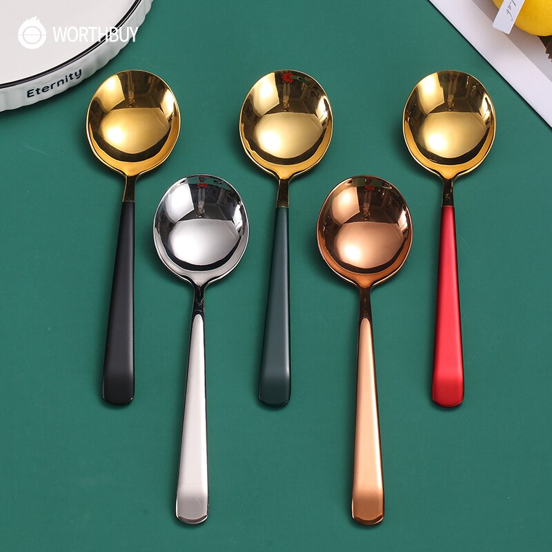 WORTHBUY Colorful Soup Spoon 304 Stainless Steel Dinner Spoon With Long Handle Dessert Spoon For Kitchen Tableware Coffee Scoop