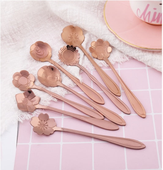 8Pcs Flower Spoon Set Small Teaspoon  Coffee Spoon Cute Ice Cream Dessert Spoon Silver Gold Stainless Steel Spoon For Coffee Tea