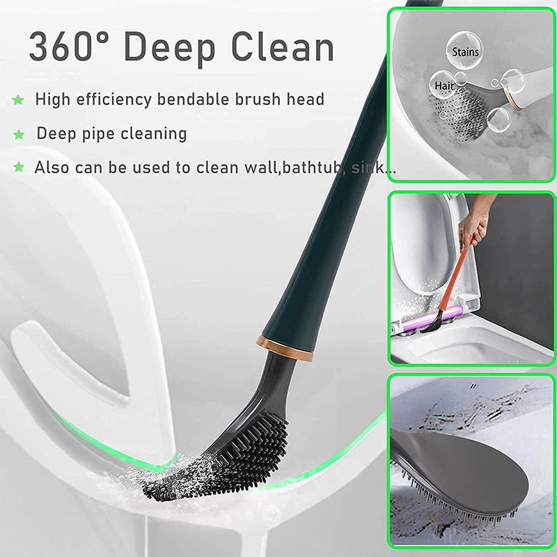 Silicone Toilet Brushes With Holder Set Wall-Mounted Long Handled Toilet Cleaning Brush Modern Hygienic Bathroom Accessories