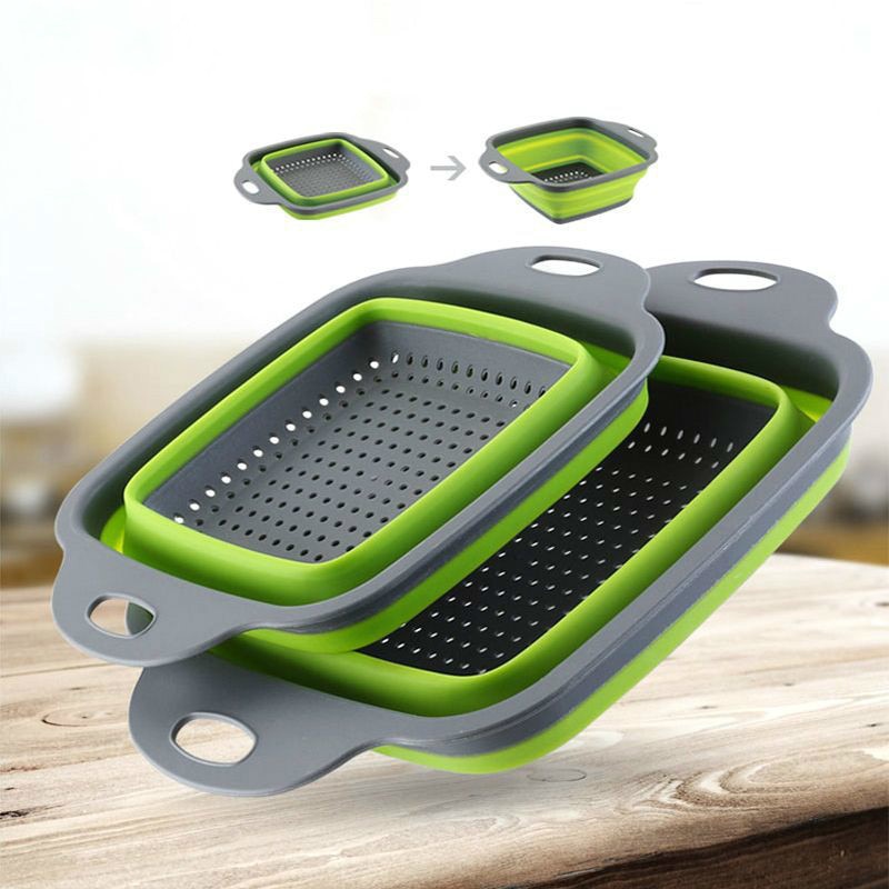 Square Draining Basket Collapsible Colander Silicone Kitchen Storage Bag Fruit and Vegetable Basket Folding Filter WF6151432