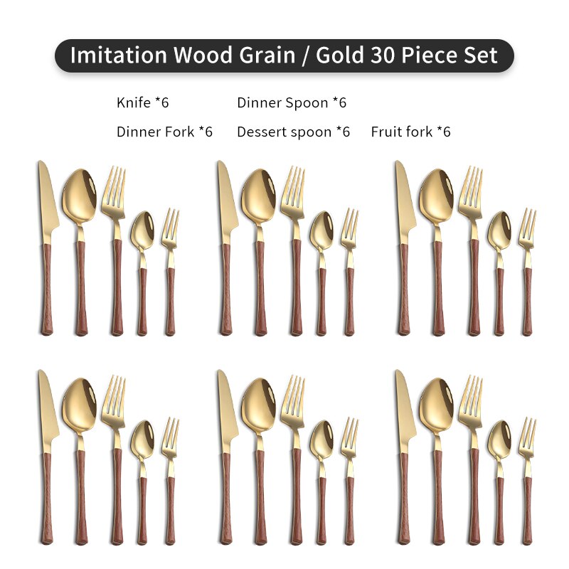 WORTHBUY 5/20/30 Pcs Gold Cutlery Set Stainless Steel Knife Fork Spoon Dinner Set With Wood Grain Handle Kitchen Tableware Set