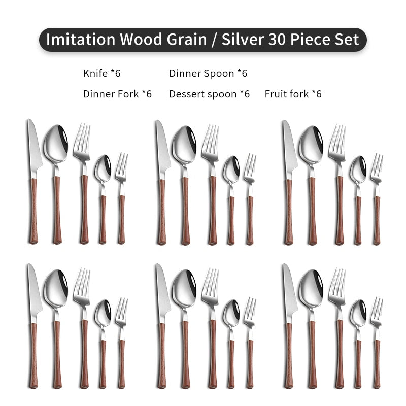 WORTHBUY 5/20/30 Pcs Gold Cutlery Set Stainless Steel Knife Fork Spoon Dinner Set With Wood Grain Handle Kitchen Tableware Set