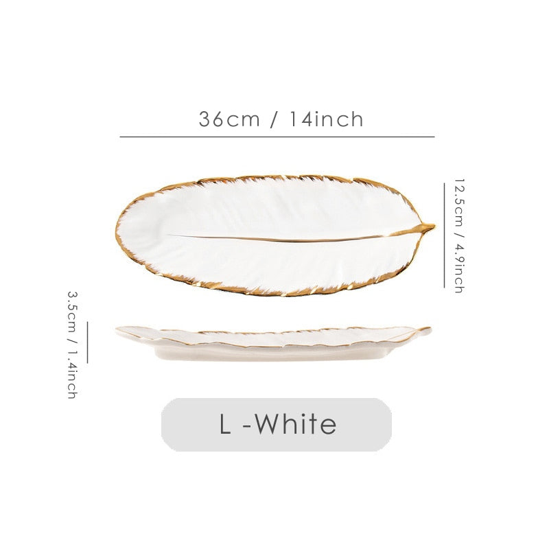 White Banana Leaf Shape Ceramic Plate Gold Porcelain Dessert Jewelry Plates Dish Dinnerware Sushi Tableware Feather Storage Tray